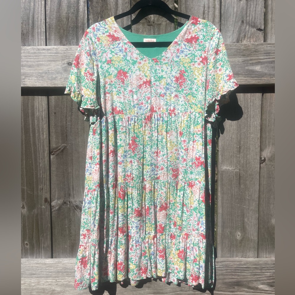 Summer Floral Tiered Midi Dress in Mint Green Sz S